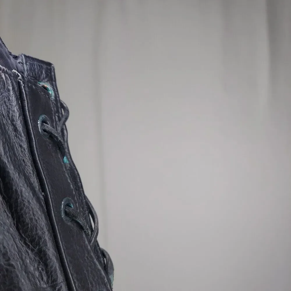 FMC Mens Leather Vest 46 Black Side Laced Grommet Snap Front V-Neck Pockets - Picture 4 of 9